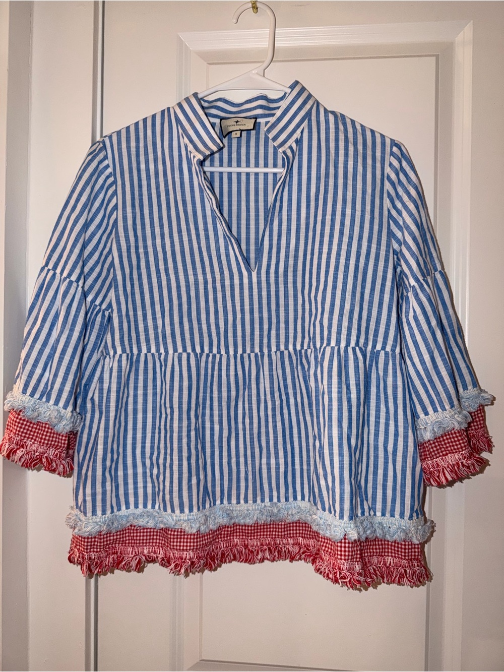 Tuckernuck Blue White Striped Tunic with Red Gingham Fringe
